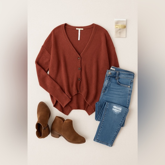 Free People Textured Knit Button Front Cardigan Rust Red...